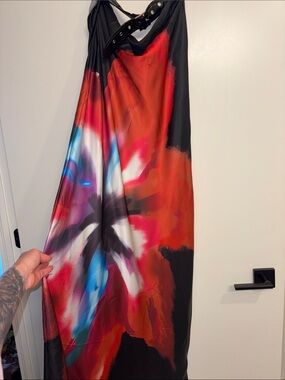 Vibrant Abstract Print Maxi Dress — Black, Red, Blue, White